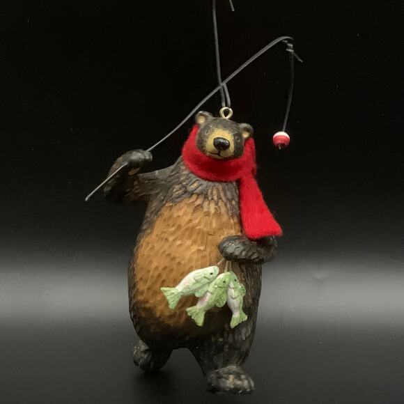 Bear Christmas Tree Ornament Fishing Pole Bobber Fish Scarf - Picture 2 of 9